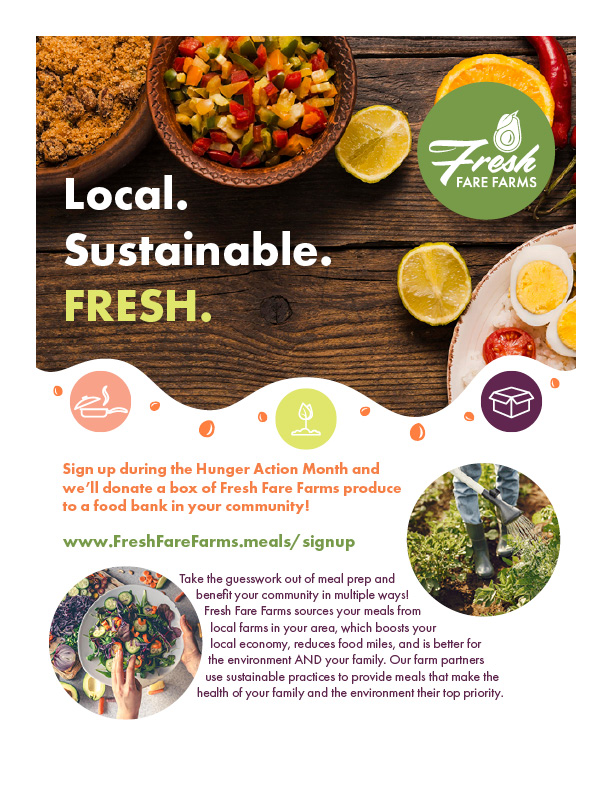 A colorful promotional flyer for Fresh Fare Farms featuring a bowl of chopped vegetables, citrus slices, and text highlighting local, sustainable, and fresh food options.